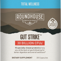 Brown supplement bottle labeled 'Gut Strike' by Roundhouse Provisions on a white background
